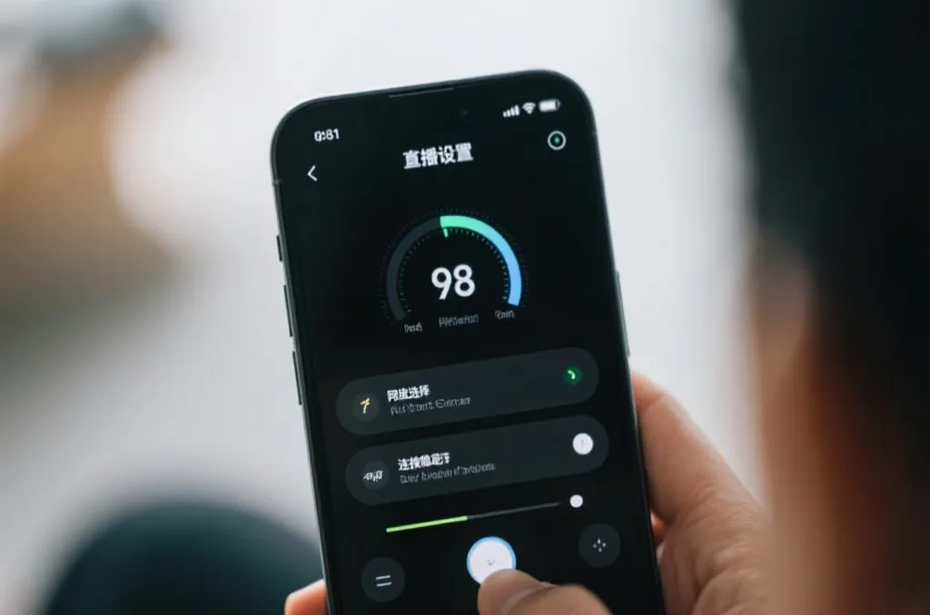 手机屏幕上直播播放设置界面与网络状态提示，简洁清晰