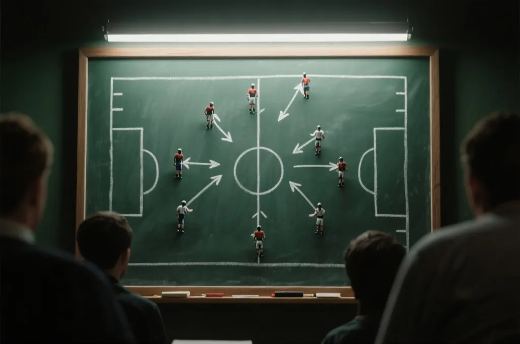 A clean tactical chalkboard with football field layout, showing arrows and player positions in a strategy session